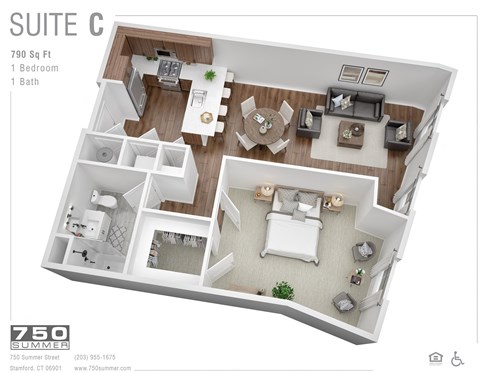 Floor plan for 1 bed, 1 bath, 790 sqft